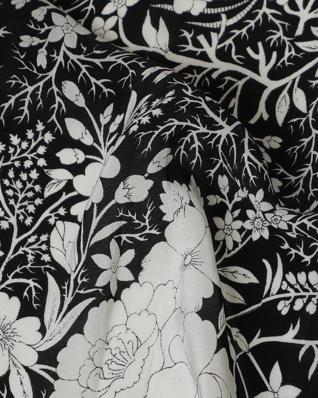 Monochrome Silk Crepe Fabric - Elegant Black and White Floral Print, 110cm Wide, Last Piece-D19342(1.55Mtrs Piece) Regal Fabrics