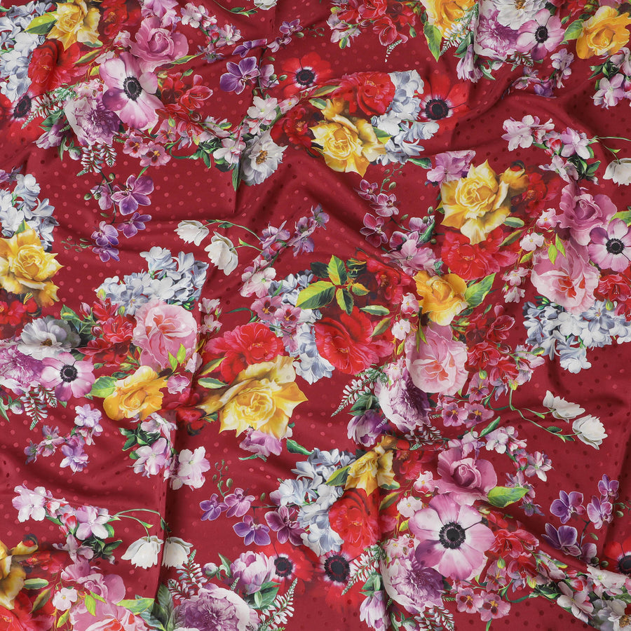 Vibrant Red Silk Crepe Fabric - Luxurious Floral Print with Polka Dots, 140cm Wide, Last Piece-D19344(1.6Mtrs Piece) Regal Fabrics