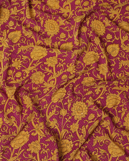 Regal Burgundy Synthetic Crepe Fabric with Golden Floral Print, 110 cm Width - Exclusive Last Piece-D19350(1.1Mtrs Piece)