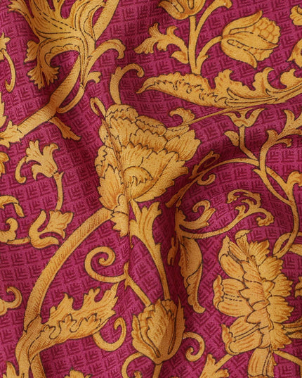 Regal Burgundy Synthetic Crepe Fabric with Golden Floral Print, 110 cm Width - Exclusive Last Piece-D19350(1.1Mtrs Piece)