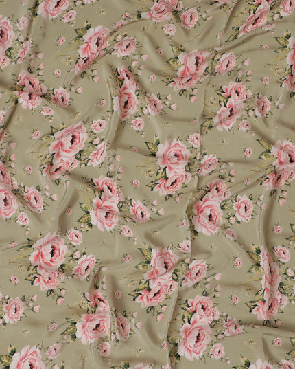 Charming Olive Green Viscose Crepe Fabric with Pink Floral Print, 110 cm Width - Exclusive Last Piece-D19358(1.6Mtrs Piece)