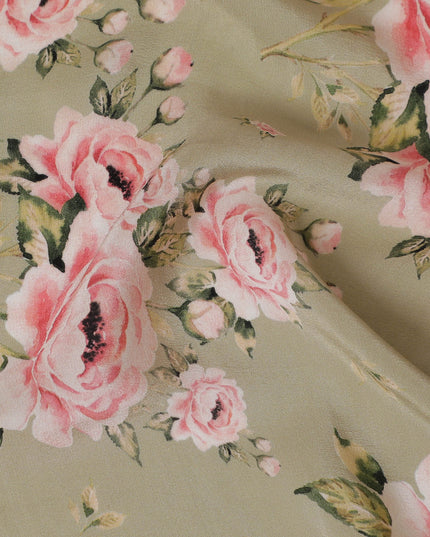 Charming Olive Green Viscose Crepe Fabric with Pink Floral Print, 110 cm Width - Exclusive Last Piece-D19358(1.6Mtrs Piece)