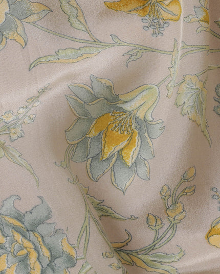 Charming Blush Pink Silk Crepe Fabric with Golden Floral Print, 110 cm Width - Perfect for Elegant Apparel-D19359(1.55Mtrs Piece)