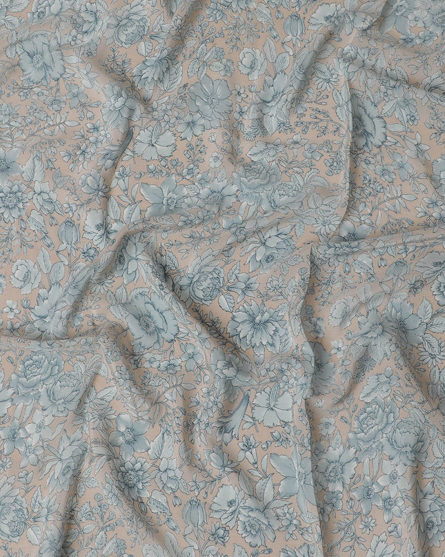 Sophisticated Pale Pink Silk Crepe Fabric with Blue Floral Print, 110 cm Width, Last Piece-D19360(1.6Mtrs Piece) Regal Fabrics