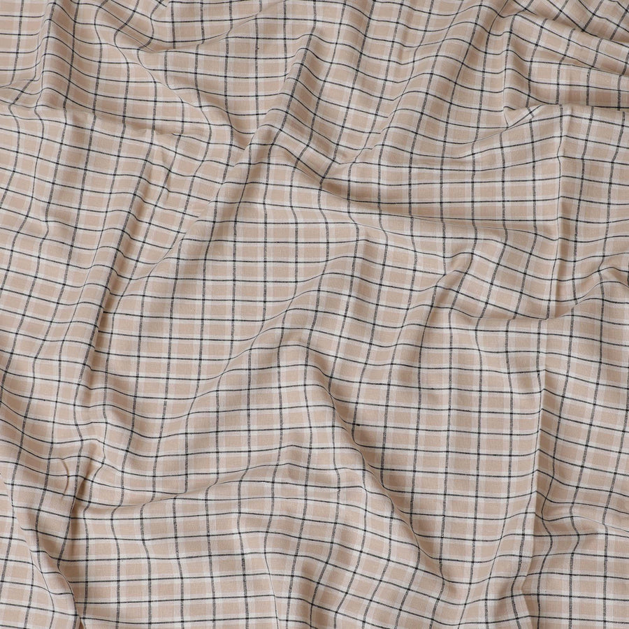 قماش قمصان كلاسيكي من الكتان المخلوط باللون البيج مع خطوط شبكية سوداء، عرض 140 سم - قطعة أخيرة حصرية - D19362 (قطعة بطول 1.9 متر)