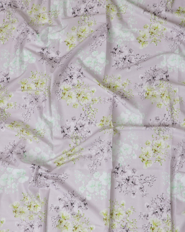 Elegant Light Grey Cotton Lawn Fabric with Spring Green Floral Print, 110 cm Width - Exclusive Last Piece-D19365(1.55Mtrs Piece)