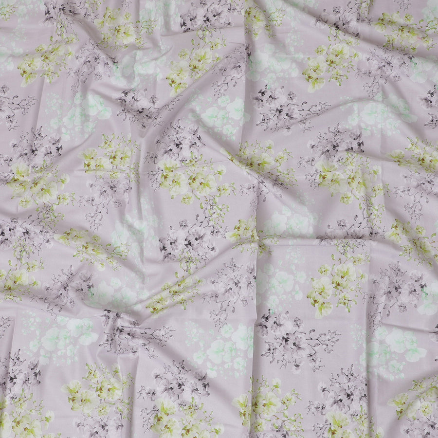 Elegant Light Grey Cotton Lawn Fabric with Spring Green Floral Print, 110 cm Width - Exclusive Last Piece-D19365(1.55Mtrs Piece) Regal Fabrics