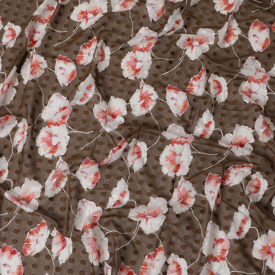 Chic Brown Cotton Voile Fabric with Vibrant Red and White Floral Print, 140 cm Width - Exclusive Last Piece-D19366(1.5Mtrs Piece)