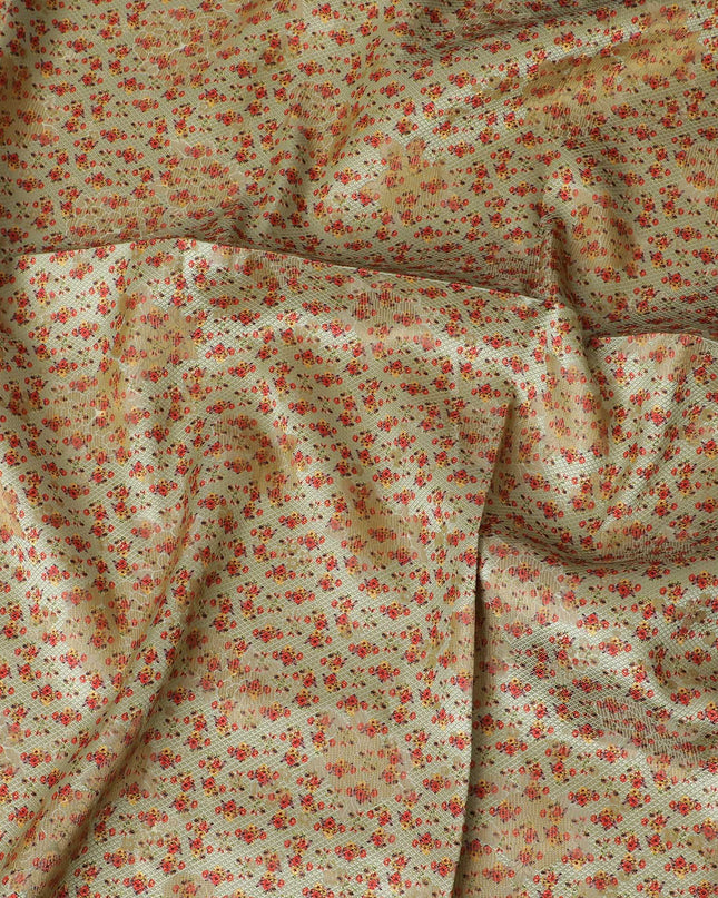 قماش بروكار صناعي باللون البيج الساحر مع طباعة زهور حمراء صغيرة، عرض 140 سم - قطعة أخيرة حصرية-D19371(قطعة بطول 2 متر)