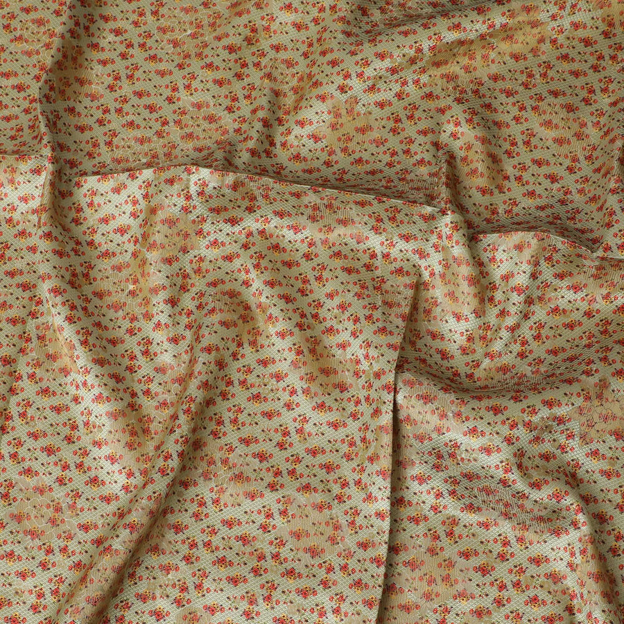 Charming Beige Synthetic Brocade Fabric with Small Red Floral Print, 140 cm Width - Exclusive Last Piece-D19371(2Mtrs Piece)