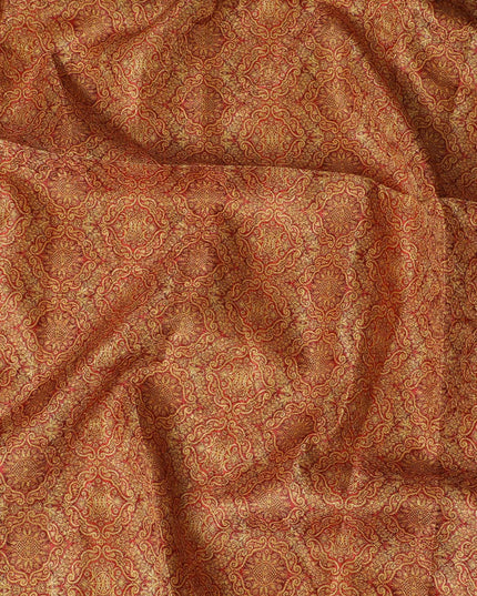 Elegant Synthetic Brocade Fabric - Rich Gold & Red Paisley Pattern, 140 cm Width, Last Piece-D19372(2Mtrs Piece)