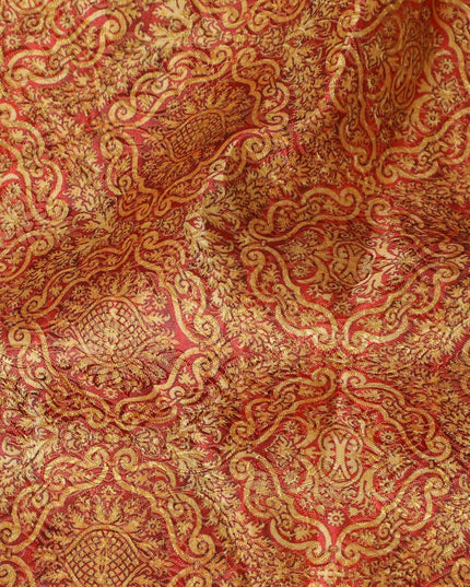 Elegant Synthetic Brocade Fabric - Rich Gold & Red Paisley Pattern, 140 cm Width, Last Piece-D19372(2Mtrs Piece)