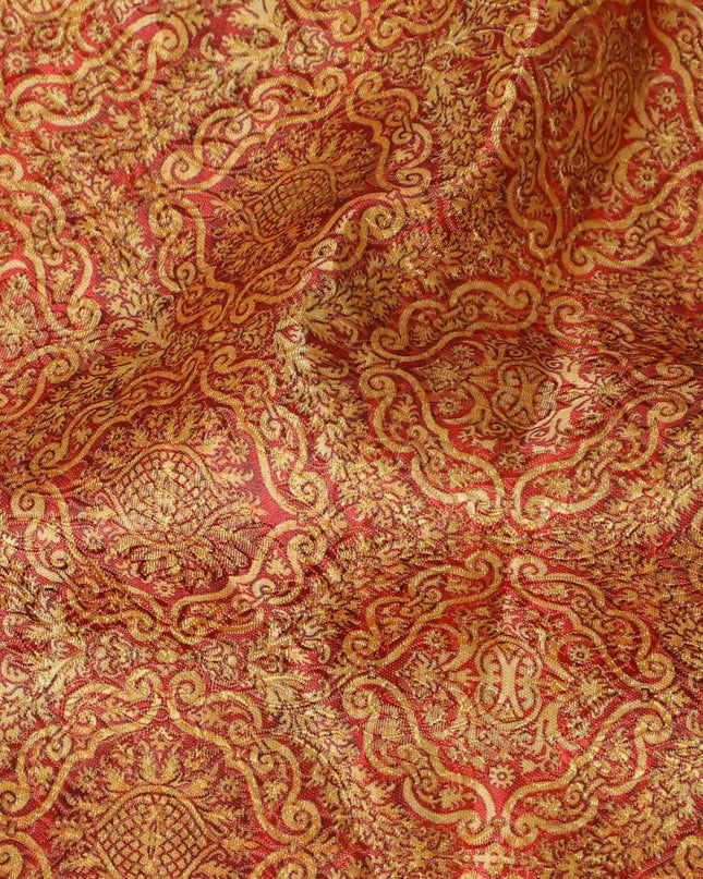 Elegant Synthetic Brocade Fabric - Rich Gold & Red Paisley Pattern, 140 cm Width, Last Piece-D19372(2Mtrs Piece) Regal Fabrics