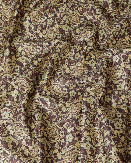 Vintage-Inspired Synthetic Brocade Fabric - Elegant Maroon & Cream Floral Pattern, 140 cm Width, Last Piece-D19373(2Mtrs Piece)