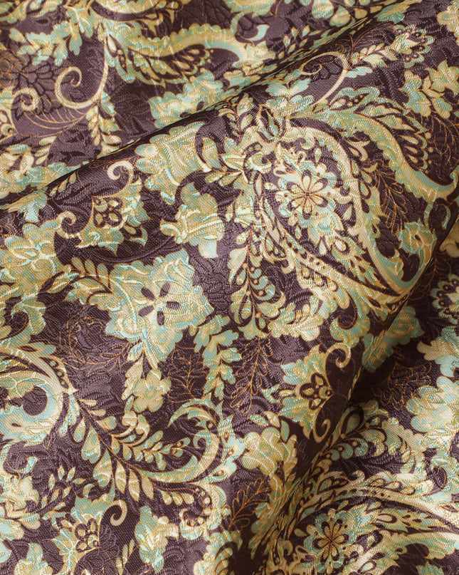 Vintage-Inspired Synthetic Brocade Fabric - Elegant Maroon & Cream Floral Pattern, 140 cm Width, Last Piece-D19373(2Mtrs Piece)