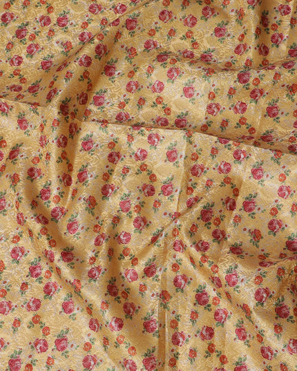 Charming Floral Brocade Fabric - Sunny Yellow with Red Roses, 140 cm Width, Last Piece-D19375(2Mtrs Piece)