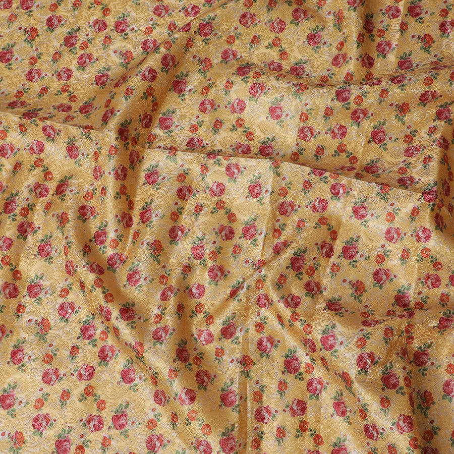 Charming Floral Brocade Fabric - Sunny Yellow with Red Roses, 140 cm Width, Last Piece-D19375(2Mtrs Piece)