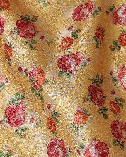 Charming Floral Brocade Fabric - Sunny Yellow with Red Roses, 140 cm Width, Last Piece-D19375(2Mtrs Piece)