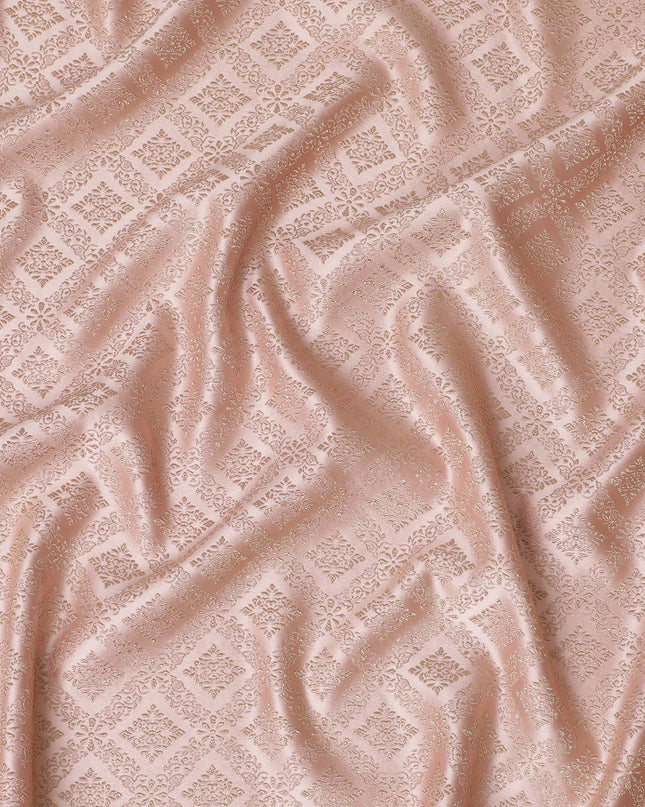Elegant Blush Pink and Gold Synthetic Brocade Fabric with Geometric Floral Design – 140 cm Width-D19381