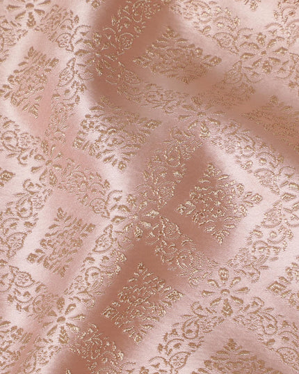 Elegant Blush Pink and Gold Synthetic Brocade Fabric with Geometric Floral Design â€“ 140 cm Width-D19381