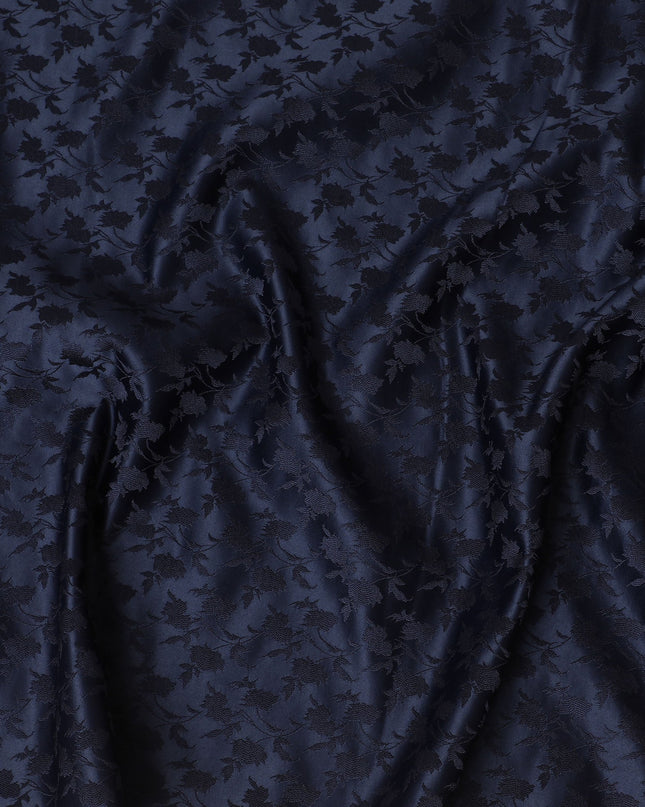Elegant Midnight Blue Synthetic Brocade Fabric with Floral Leaf Pattern – 140 cm Width-D19383
