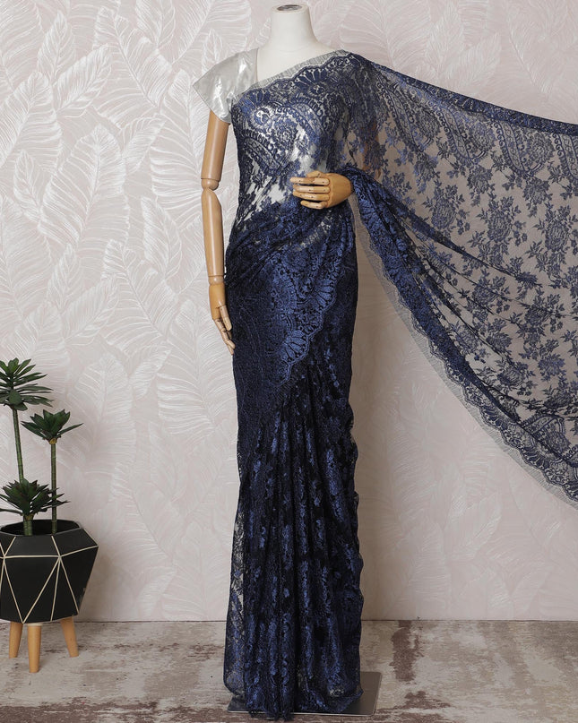 Elegant French Metallic Chantilly Lace Saree - Navy Blue Floral Design, 110 cm Width, 5.5 Mtrs Piece-D19447 Regal Fabrics