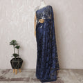 Elegant French Metallic Chantilly Lace Saree - Navy Blue Floral Design, 110 cm Width, 5.5 Mtrs Piece-D19447