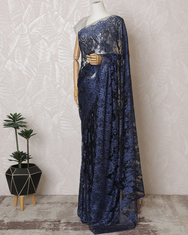 Elegant French Metallic Chantilly Lace Saree - Navy Blue Floral Design, 110 cm Width, 5.5 Mtrs Piece-D19447 Regal Fabrics