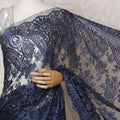 Elegant French Metallic Chantilly Lace Saree - Navy Blue Floral Design, 110 cm Width, 5.5 Mtrs Piece-D19447