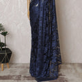 Elegant French Metallic Chantilly Lace Saree - Navy Blue Floral Design, 110 cm Width, 5.5 Mtrs Piece-D19447