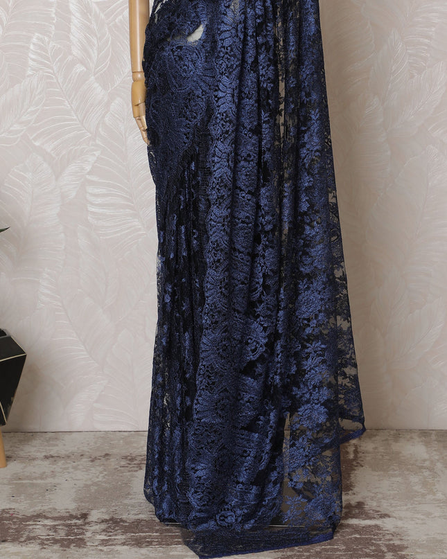Elegant French Metallic Chantilly Lace Saree - Navy Blue Floral Design, 110 cm Width, 5.5 Mtrs Piece-D19447 Regal Fabrics