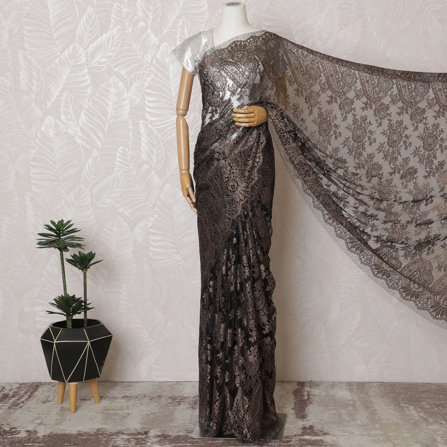 قماش دانتيل شانتيلي معدني فرنسي أنيق - تصميم زهور برونزية، عرض 110 سم، قطعة 5.5 متر-D19448