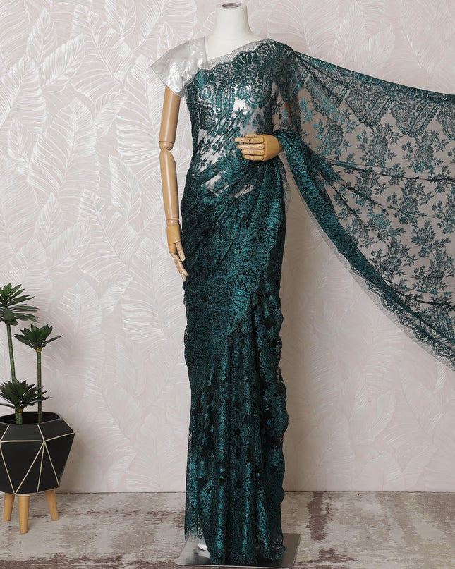 Elegant French Metallic Chantilly Lace Fabric - Teal Green Floral Design, 110 cm Width, 5.5 Meters-D19449 Regal Fabrics