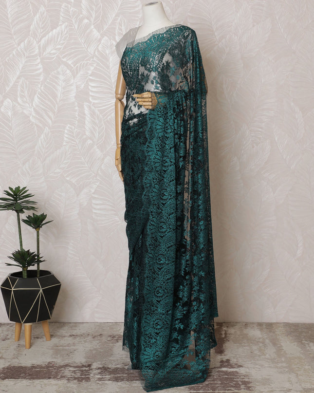 Elegant French Metallic Chantilly Lace Fabric - Teal Green Floral Design, 110 cm Width, 5.5 Meters-D19449 Regal Fabrics
