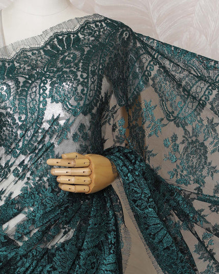 Elegant French Metallic Chantilly Lace Fabric - Teal Green Floral Design, 110 cm Width, 5.5 Meters-D19449