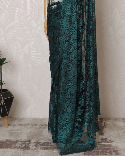 Elegant French Metallic Chantilly Lace Fabric - Teal Green Floral Design, 110 cm Width, 5.5 Meters-D19449