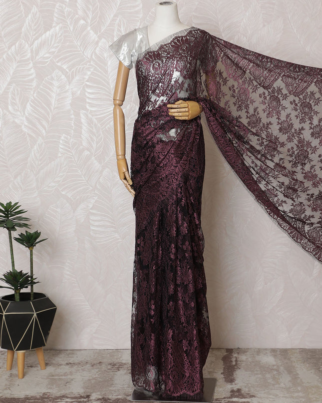 Elegant French Metallic Chantilly Lace Fabric - Burgundy Floral Design, 110 cm Width, 5.5 Meters-D19450 Regal Fabrics