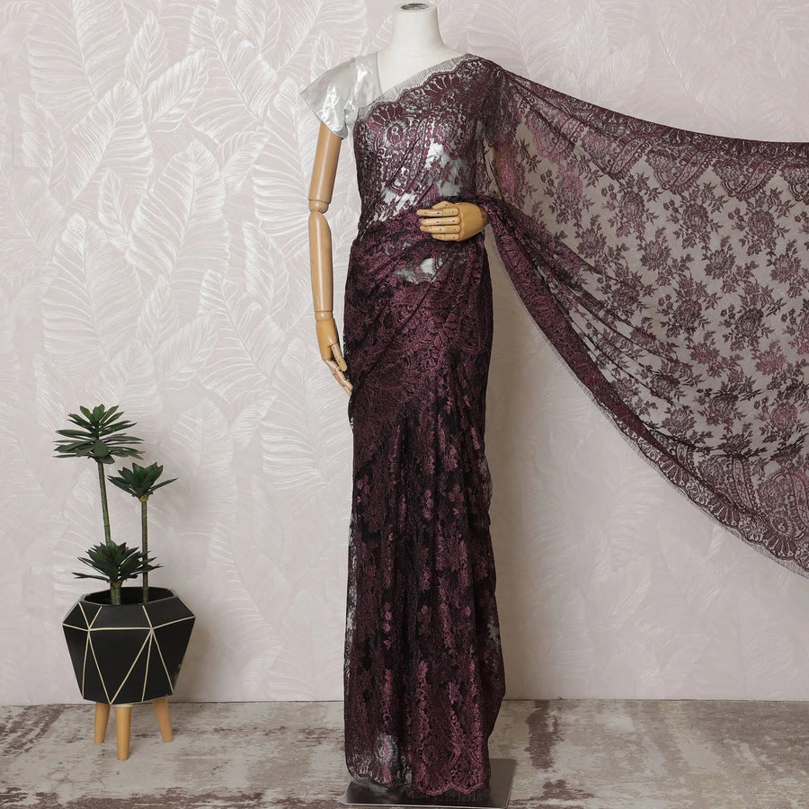 Elegant French Metallic Chantilly Lace Fabric - Burgundy Floral Design, 110 cm Width, 5.5 Meters-D19450 Regal Fabrics