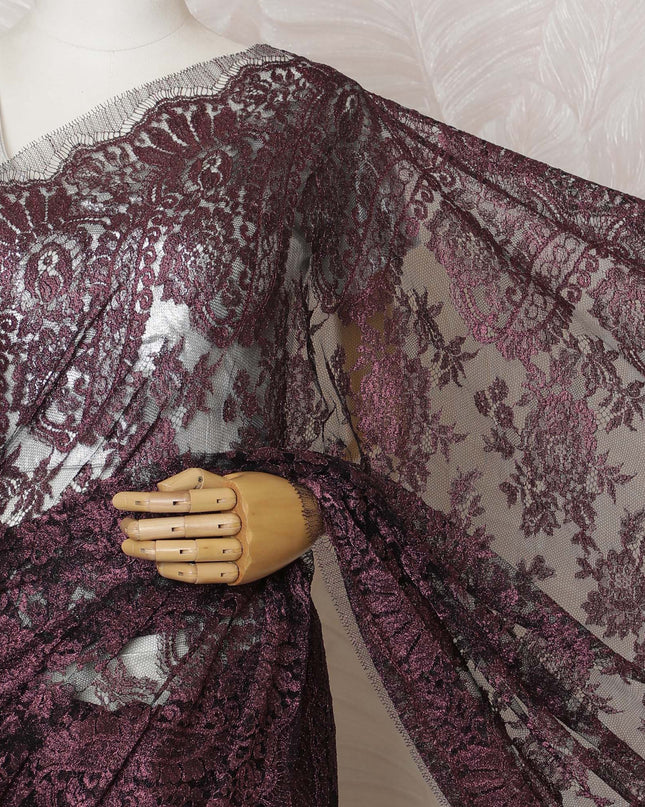 Elegant French Metallic Chantilly Lace Fabric - Burgundy Floral Design, 110 cm Width, 5.5 Meters-D19450 Regal Fabrics