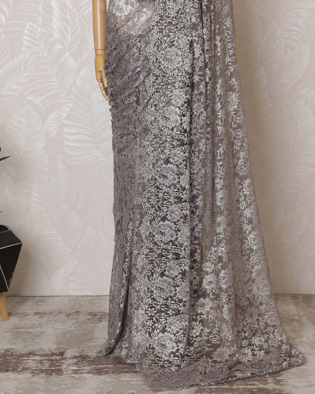 Elegant French Metallic Chantilly Lace Fabric - Light Silver Mauve Floral Design, 110 cm Width, 5.5 Meters-D19453 Regal Fabrics