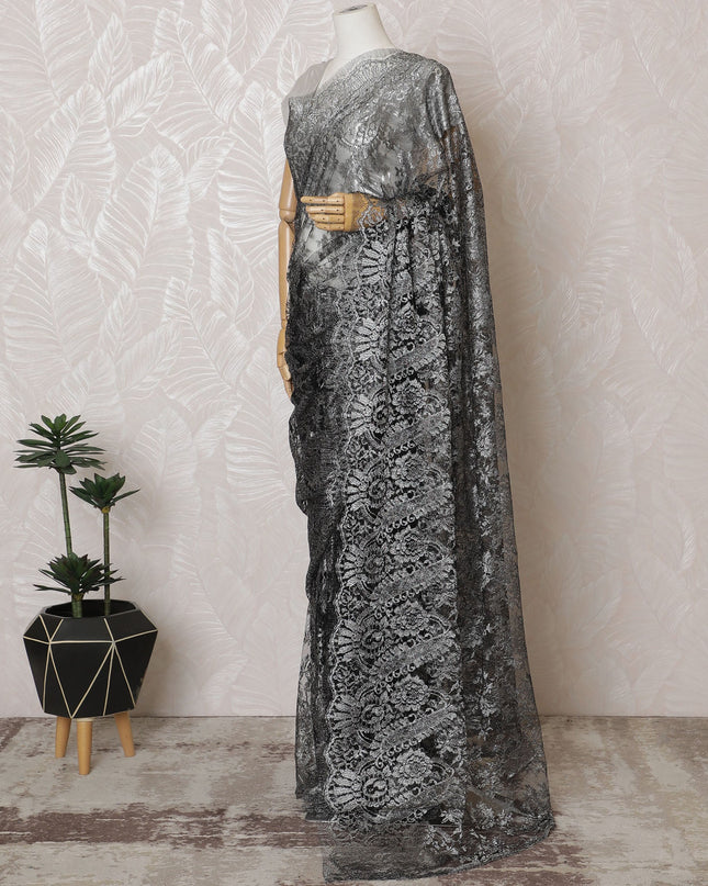 Elegant French Metallic Chantilly Lace Fabric - Charcoal Black Floral Design, 110 cm Width, 5.5 Meters-D19456