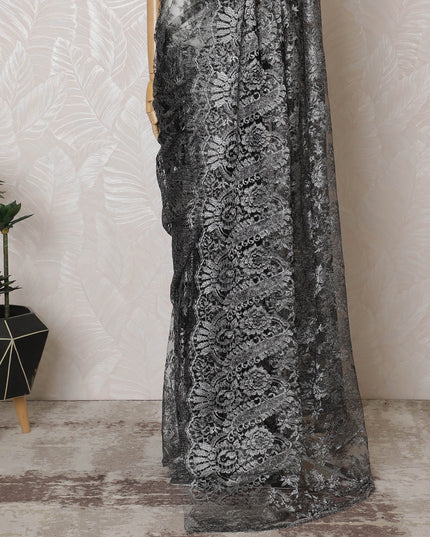 Elegant French Metallic Chantilly Lace Fabric - Charcoal Black Floral Design, 110 cm Width, 5.5 Meters-D19456