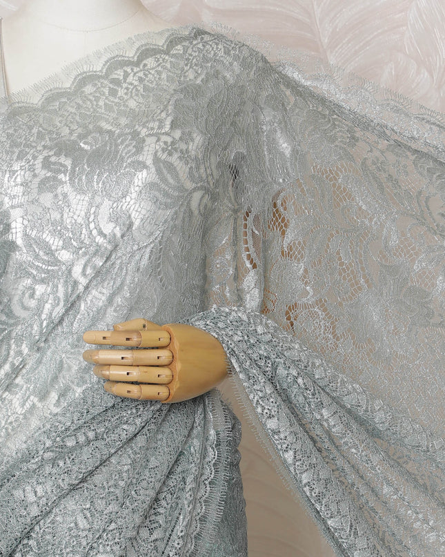 Elegant French Metallic Chantilly Lace Fabric - Pale Blue Floral Design, 110 cm Width, 5.5 Meters-D19458