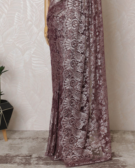Elegant French Metallic Chantilly Lace Fabric - Plum Floral Design, 110 cm Width, 5.5 Meters-D19460