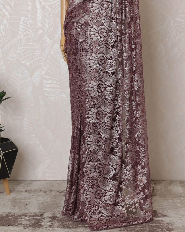Elegant French Metallic Chantilly Lace Fabric - Plum Floral Design, 110 cm Width, 5.5 Meters-D19460 Regal Fabrics