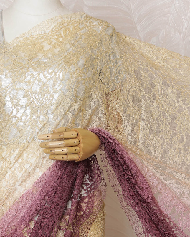 Elegant French Ombre Chantilly Lace Fabric - Yellow to Pink and Burgundy Design, 110 cm Width, 5.5 Meters-D19464