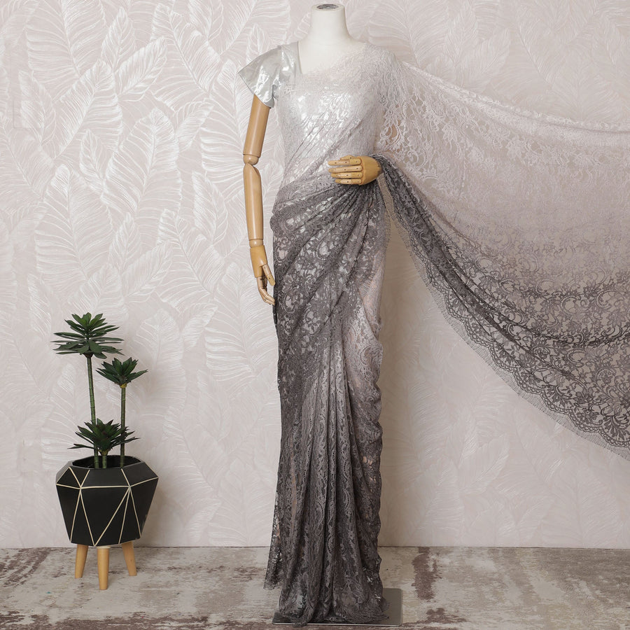 قماش دانتيل شانتيلي متدرج فرنسي أنيق - تصميم فضي إلى فحمي، عرض 110 سم، 5.5 متر-D19467