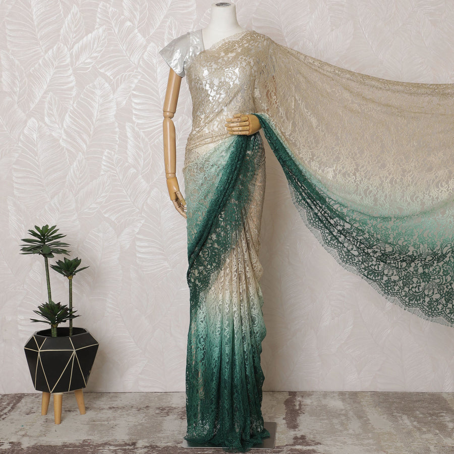 قماش دانتيل شانتيلي متدرج فرنسي أنيق - تصميم ذهبي إلى أخضر زمردي، عرض 110 سم، 5.5 متر-D19470