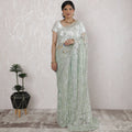Elegant French Metallic Chantilly Lace Saree with Stone Work in Soft Silver mint - 5.5 Mtrs, 110 cm-D19522