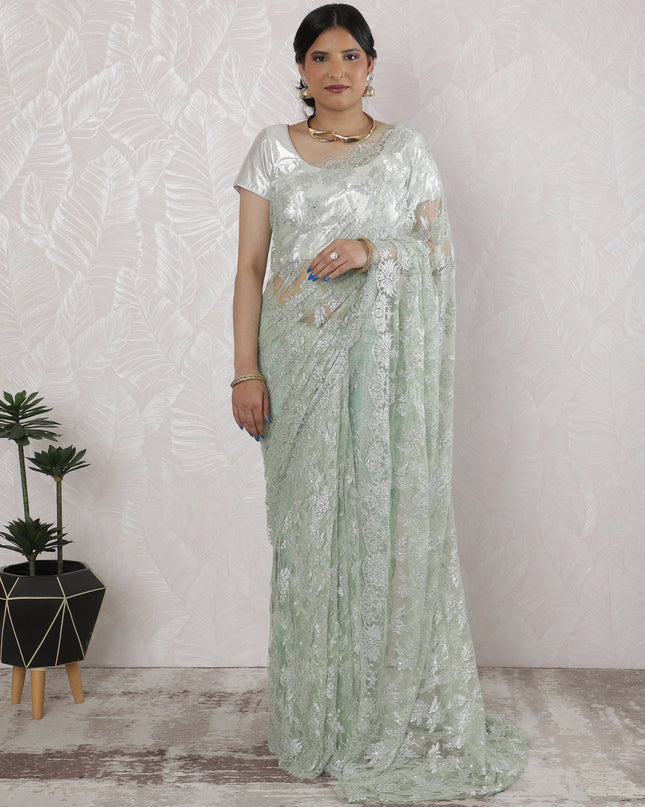 Elegant French Metallic Chantilly Lace Saree with Stone Work in Soft Silver mint - 5.5 Mtrs, 110 cm-D19522